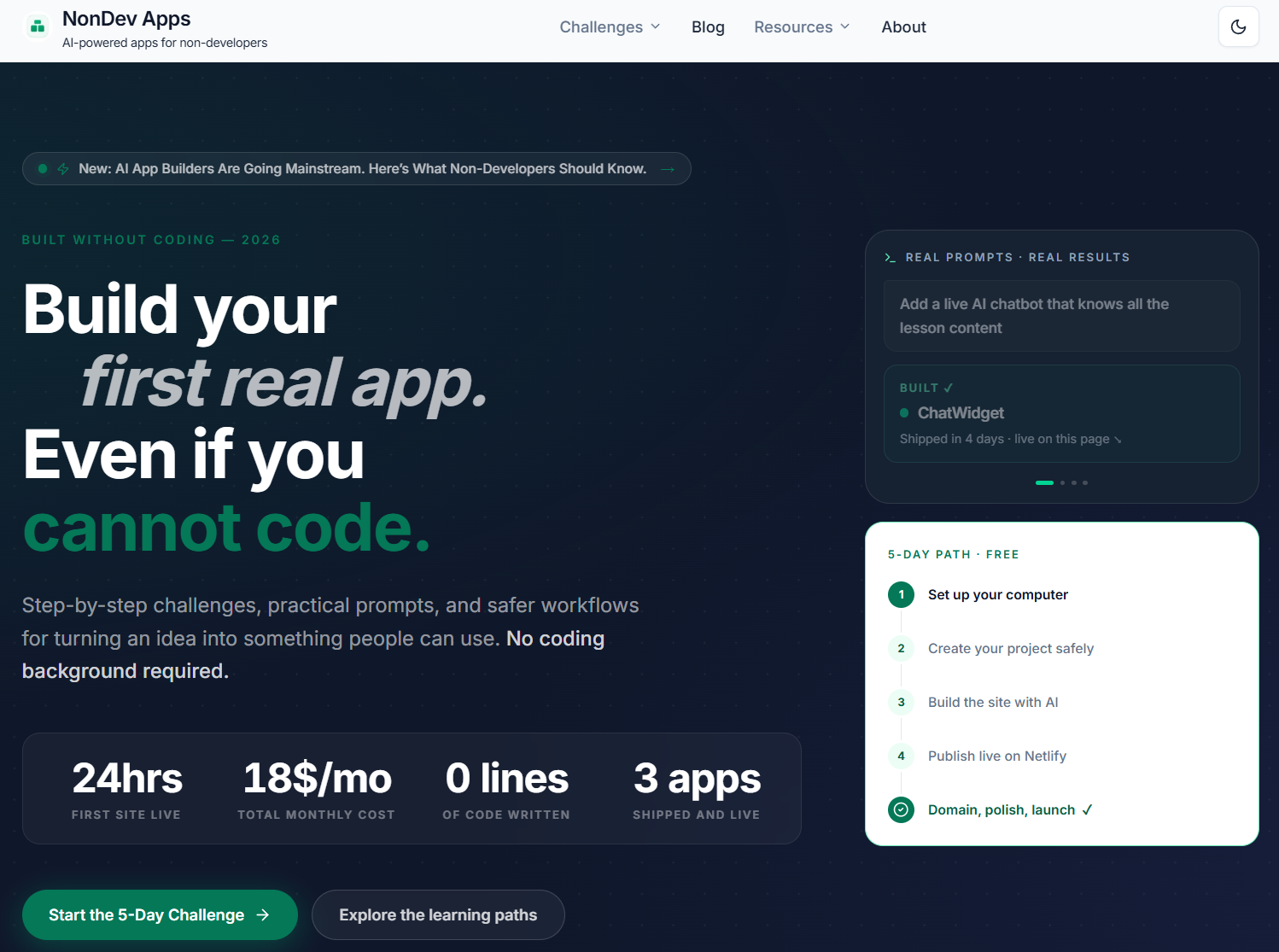 NonDev Apps homepage showing the AI-powered app-building learning platform